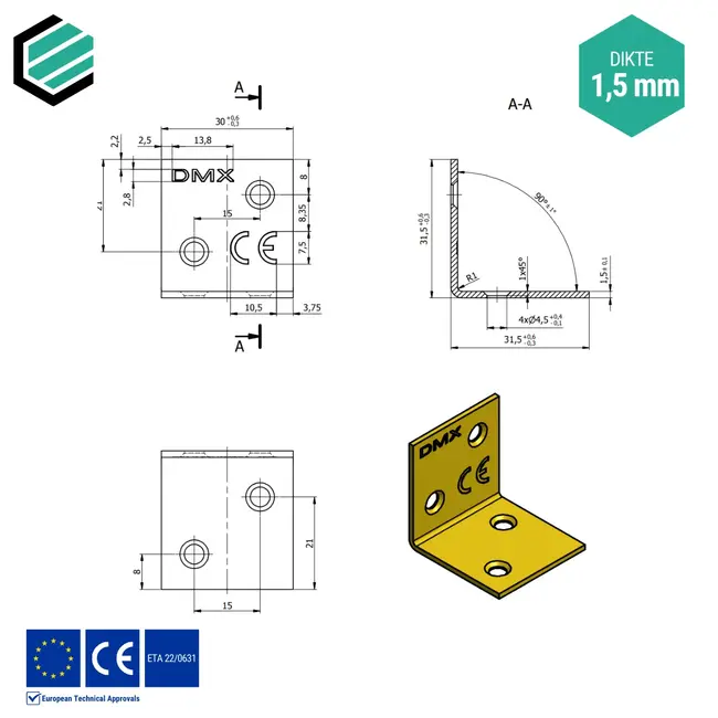 Hoekijzer 30x30x30 mm (1,5 mm) geel verzinkt (50 stuks)