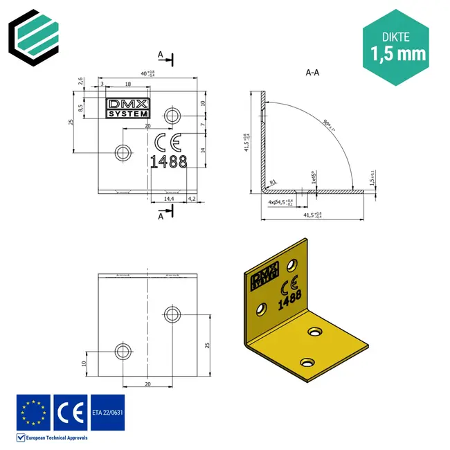Hoekijzer 40x40x40 mm (1,5 mm) geel verzinkt (50 stuks)