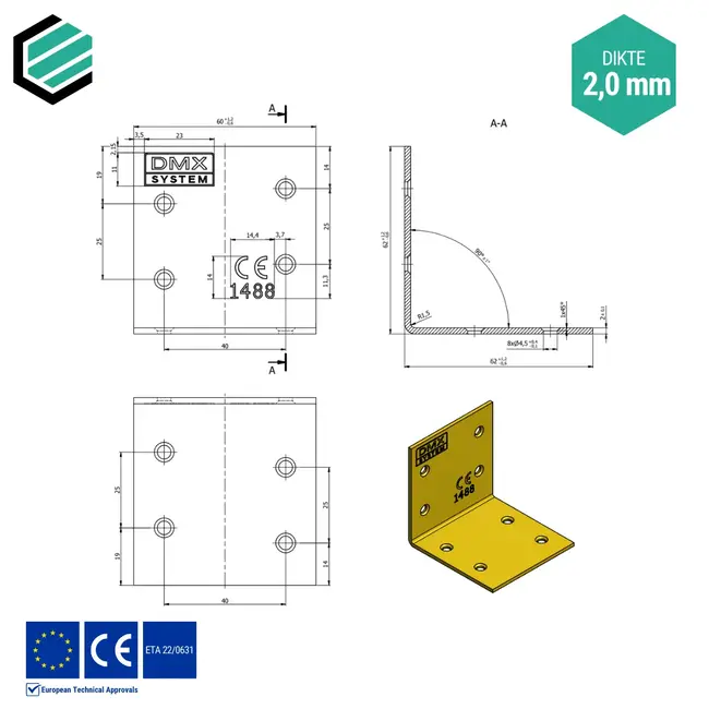Hoekijzer 60x60x60 mm (2,0 mm) geel verzinkt (20 stuks)