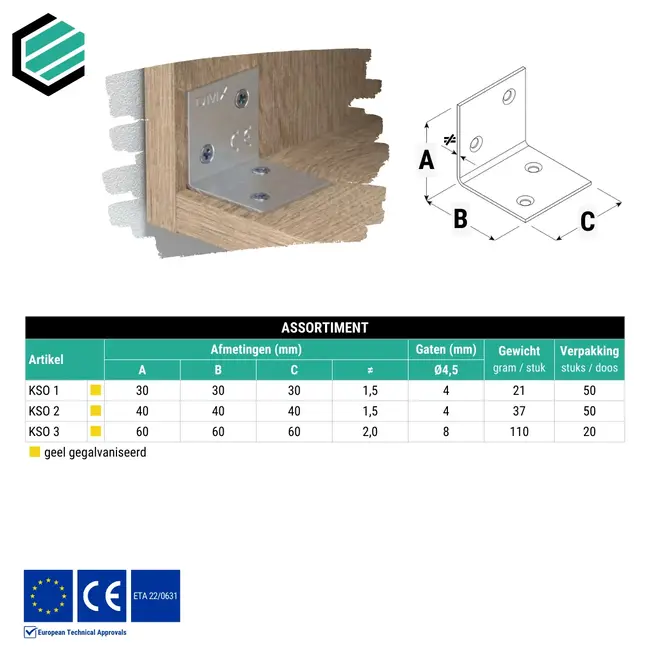 Hoekijzer 60x60x60 mm (2,0 mm) geel verzinkt (20 stuks)