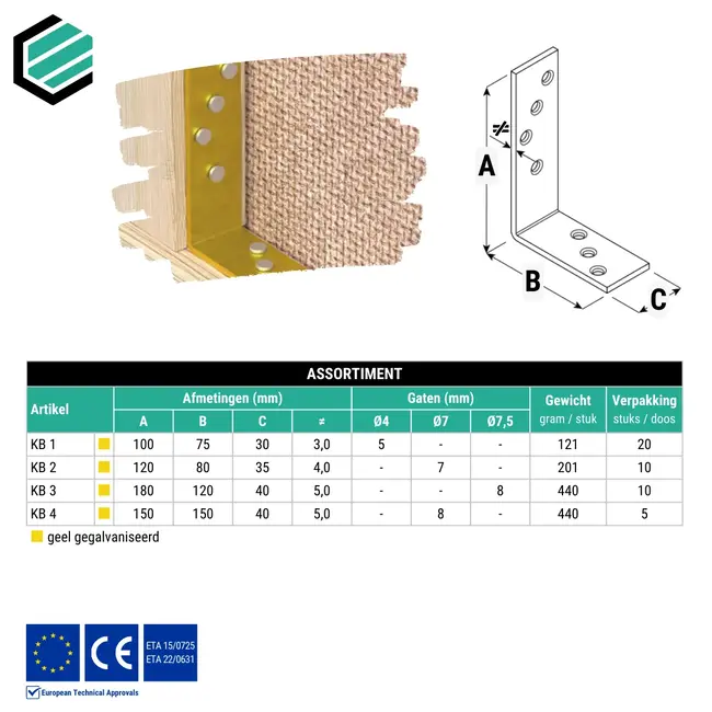 Hoekijzer 120x80x35 mm (4,0 mm) geel verzinkt (10 stuks)