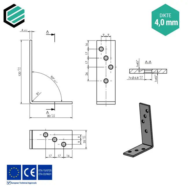 Hoekijzer 120x80x35 mm (4,0 mm) geel verzinkt (10 stuks)