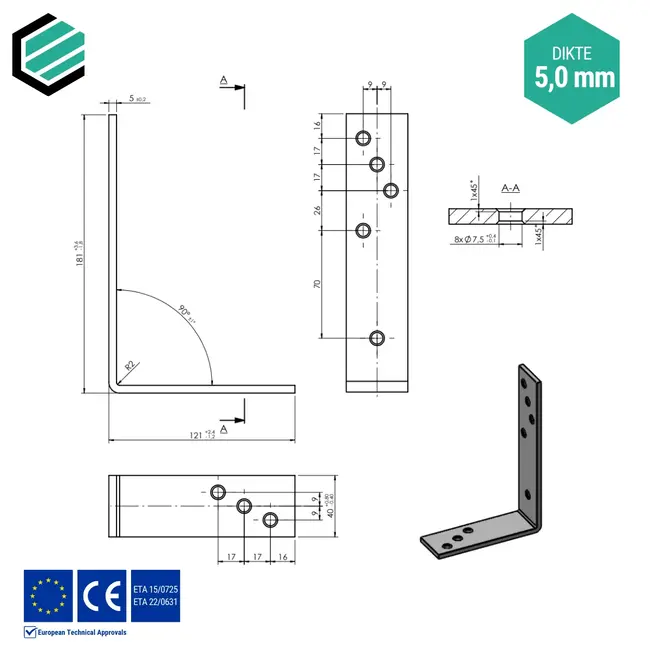 Hoekijzer 180x120x40 mm (5,0 mm) geel verzinkt (10 stuks)
