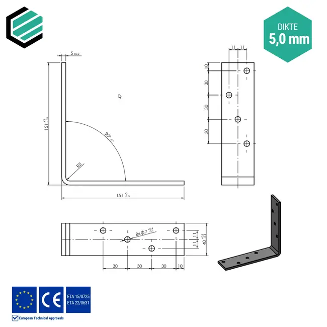 Hoekijzer 150x150x40 mm (5,0 mm) geel verzinkt (5 stuks)