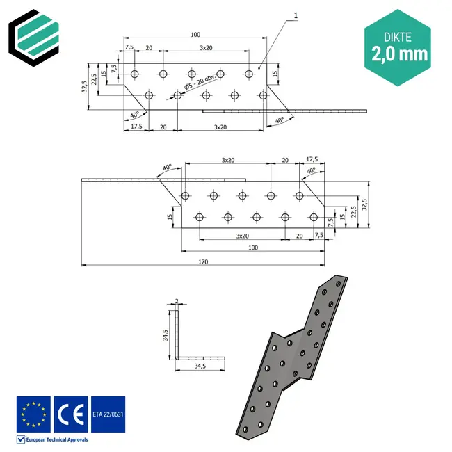 Spantanker 170x32 mm (2,0 mm) links verzinkt (20 stuks)