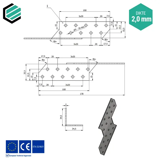 Spantanker 170x32 mm (2,0 mm) rechts verzinkt (20 stuks)