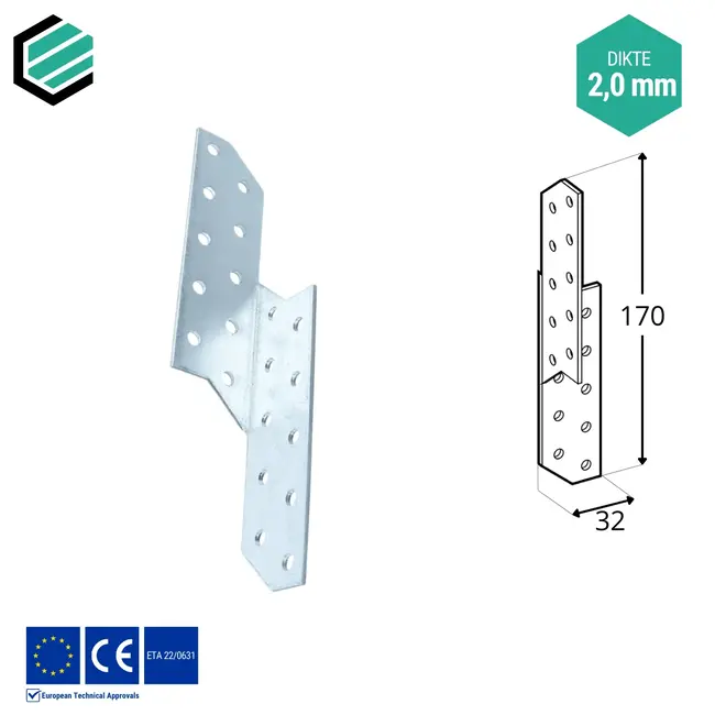 Spantanker 170x32 mm (2,0 mm) rechts verzinkt (20 stuks)