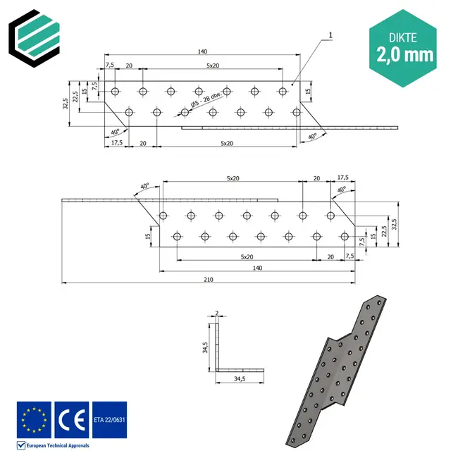 Spantanker 210x32 mm (2,0 mm) links verzinkt (20 stuks)