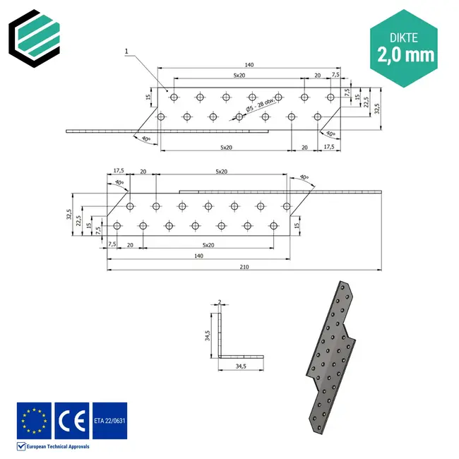 Spantanker 210x32 mm (2,0 mm) rechts verzinkt (20 stuks)