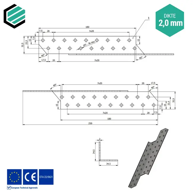 Spantanker 250x32 mm (2,0 mm) links verzinkt (20 stuks)
