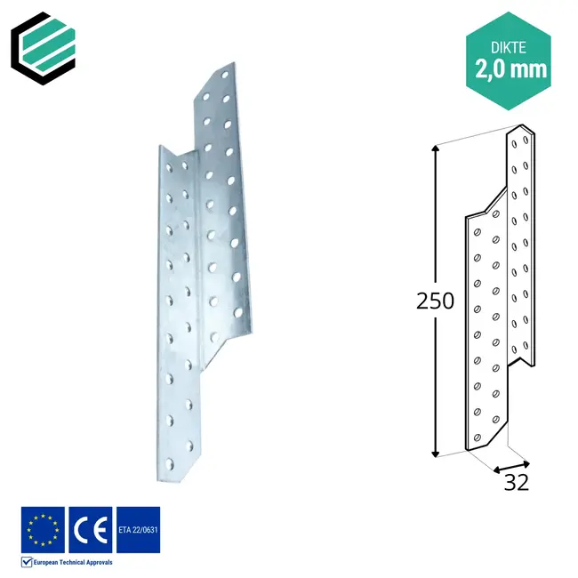 Spantanker 250x32 mm (2,0 mm) links verzinkt (20 stuks)
