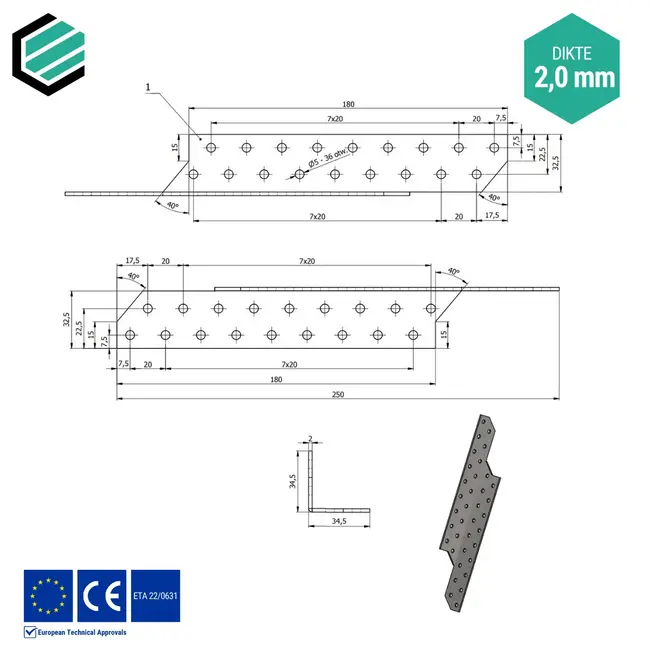 Spantanker 250x32 mm (2,0 mm) rechts verzinkt (20 stuks)