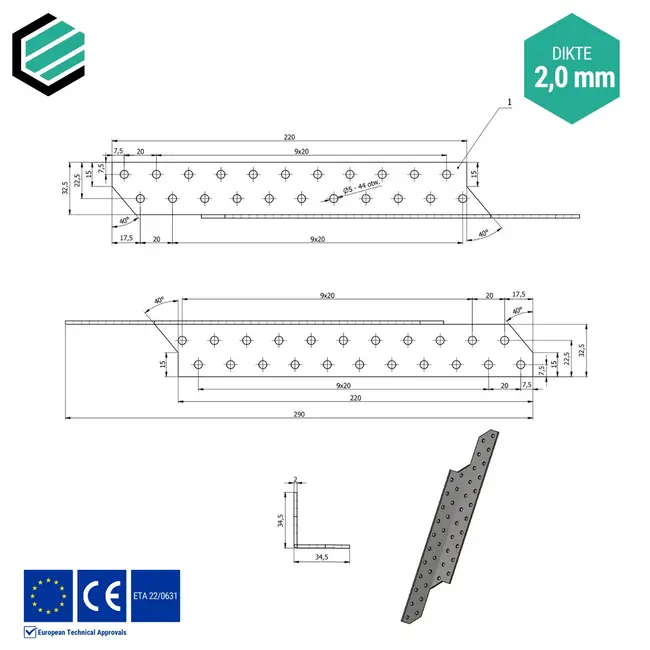 Spantanker 290x32 mm (2,0 mm) links verzinkt (20 stuks)