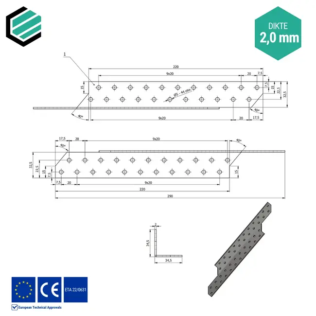 Spantanker 290x32 mm (2,0 mm) rechts verzinkt (20 stuks)