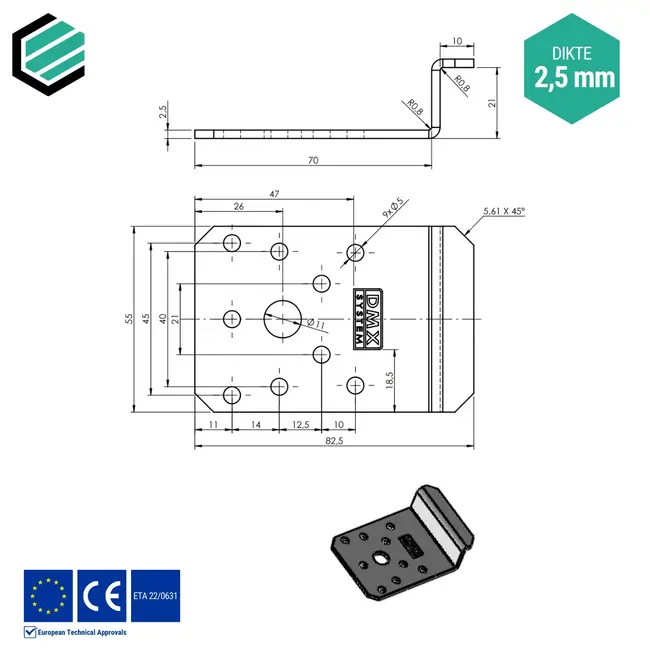 Hoekijzer 21x70x55 mm (2,5 mm) Z-vorm verzinkt (20 stuks)