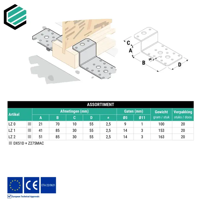 Hoekijzer 41x85x55 mm (2,5 mm) Z-vorm verzinkt (20 stuks)