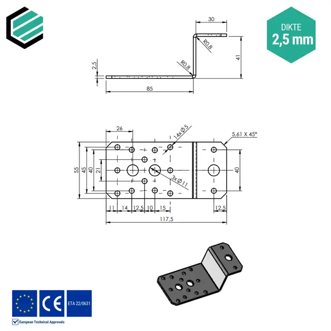 Hoekijzer 41x85x55 mm (2,5 mm) Z-vorm verzinkt (20 stuks)