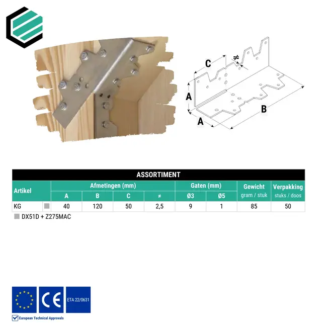 Hoekijzer 40x120x50 mm (1,5 mm) gevouwen verzinkt (50 stuks)