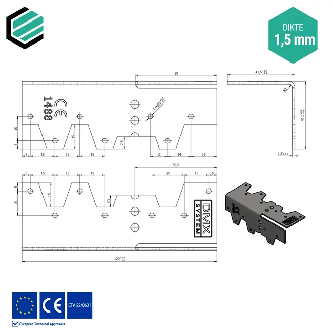 Hoekijzer 40x120x50 mm (1,5 mm) gevouwen verzinkt (50 stuks)