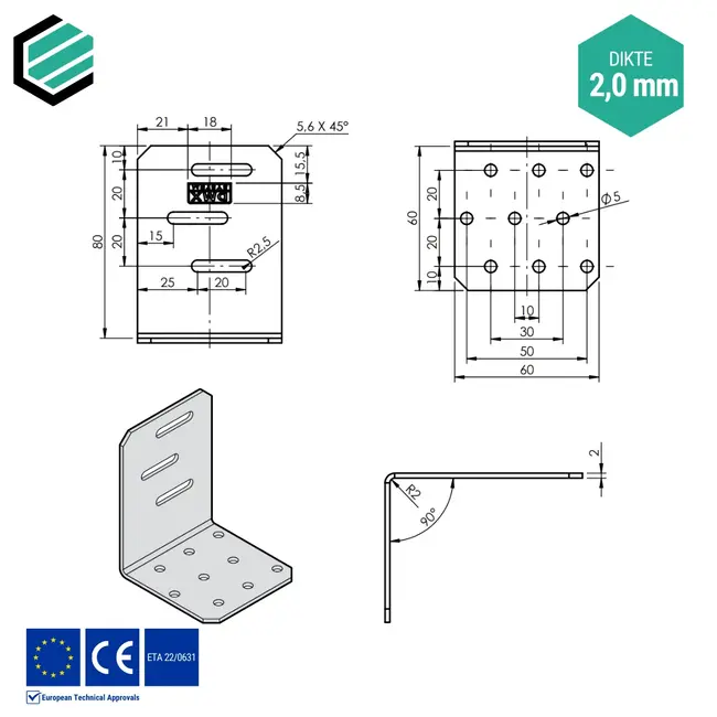 Hoekijzer verstelbaar 80x60x60 mm (2,0 mm) verzinkt (20 stuks)