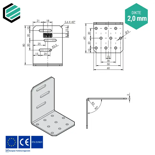 Hoekijzer verstelbaar 80x60x60 mm (2,0 mm) verzinkt (20 stuks)