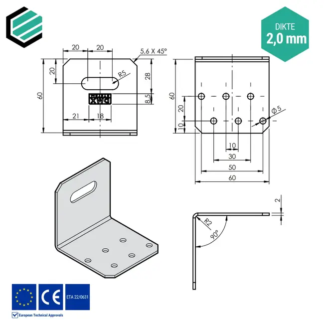 Hoekijzer verstelbaar 60x60x60 mm (2,0 mm) verzinkt (20 stuks)