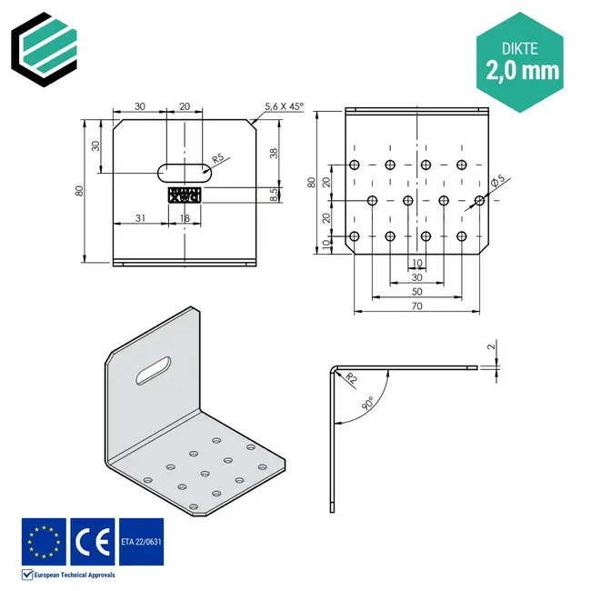 Hoekijzer verstelbaar 80x80x80 mm (2,0 mm) verzinkt (20 stuks)