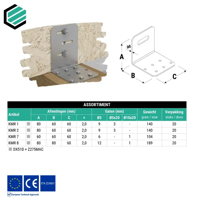 Hoekijzer verstelbaar 80x60x60 mm (2,0 mm) verzinkt (20 stuks)