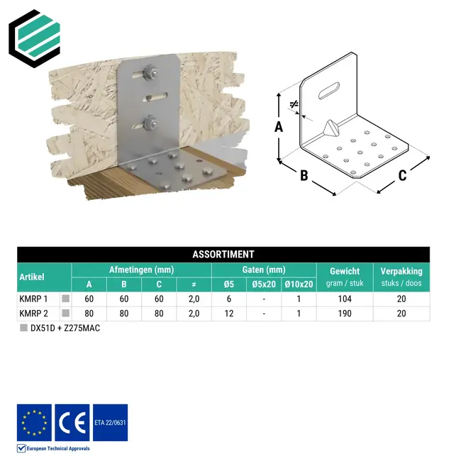 Hoekijzer verstelbaar met ril 80x80x60 mm (2,0 mm) verzinkt (20 stuks)