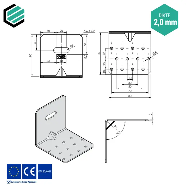 Hoekijzer verstelbaar met ril 80x80x60 mm (2,0 mm) verzinkt (20 stuks)