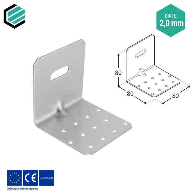 Hoekijzer verstelbaar met ril 80x80x60 mm (2,0 mm) verzinkt (20 stuks)