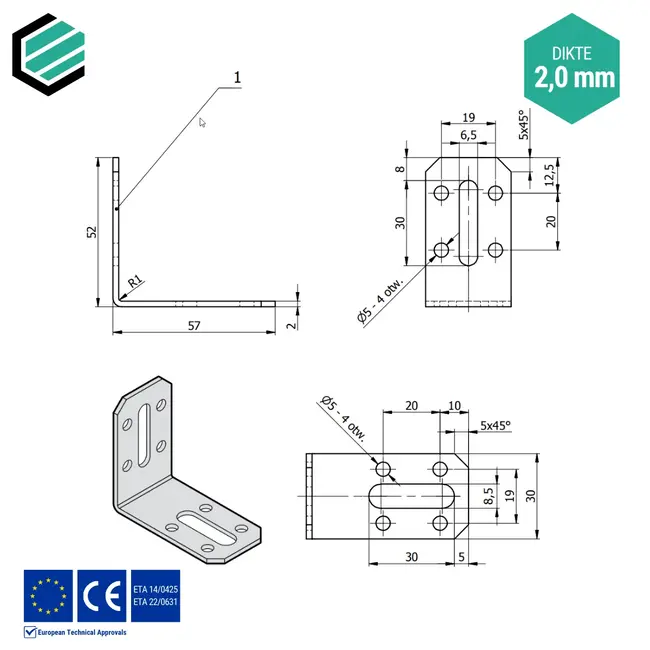 Hoekijzer verstelbaar 50x55x30 mm (2,0 mm) verzinkt (20 stuks)
