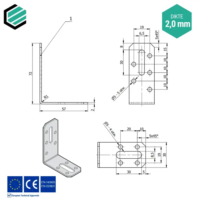 Hoekijzer verstelbaar 70x55x30 mm (2,0 mm) verzinkt (20 stuks)