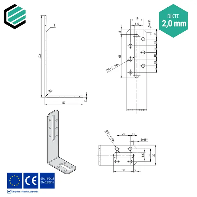Hoekijzer verstelbaar 120x55x30 mm (2,0 mm) verzinkt (20 stuks)