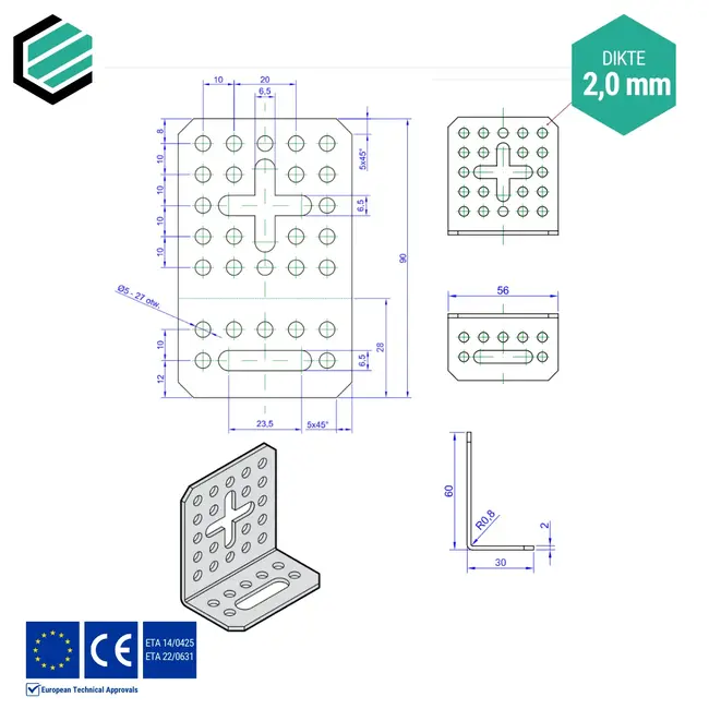 Hoekijzer verstelbaar 60x30x56 mm (2,0 mm) verzinkt (20 stuks)