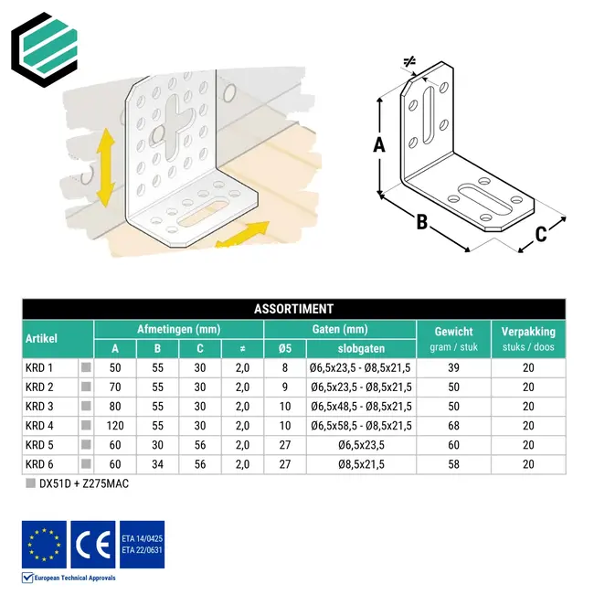 Hoekijzer verstelbaar 60x34x56 mm (2,0 mm) verzinkt (20 stuks)