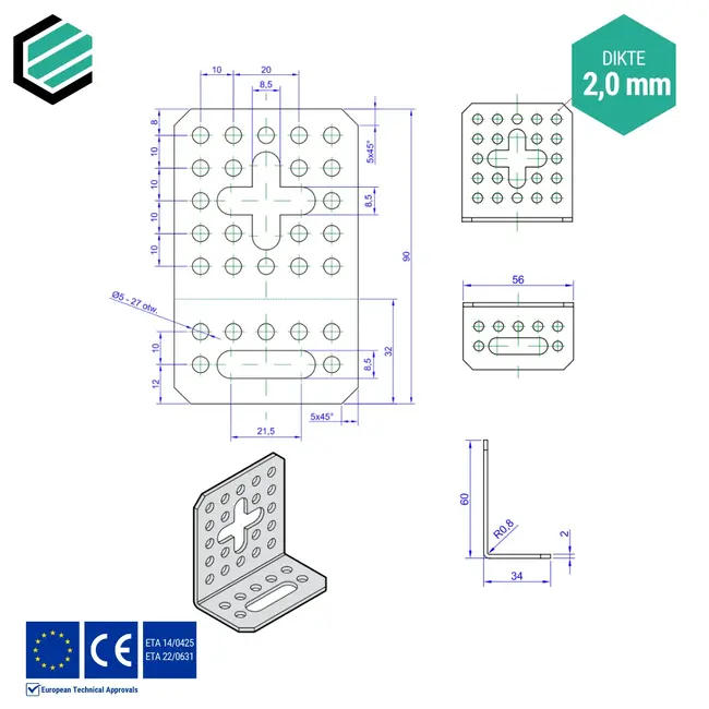 Hoekijzer verstelbaar 60x34x56 mm (2,0 mm) verzinkt (20 stuks)