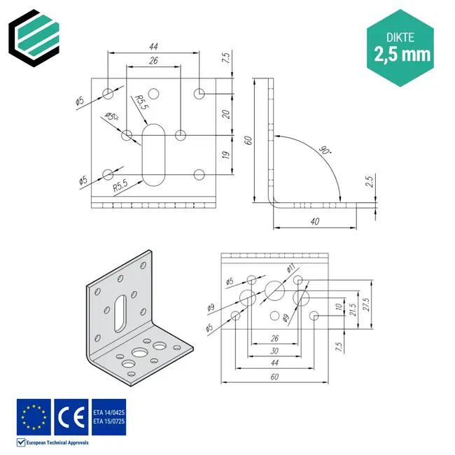Hoekijzer verstelbaar 60x40x60 mm (2,5 mm) verzinkt (20 stuks)