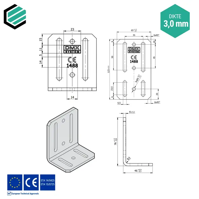 Hoekijzer verstelbaar 75x45x65 mm (4,0 mm) verzinkt (20 stuks)