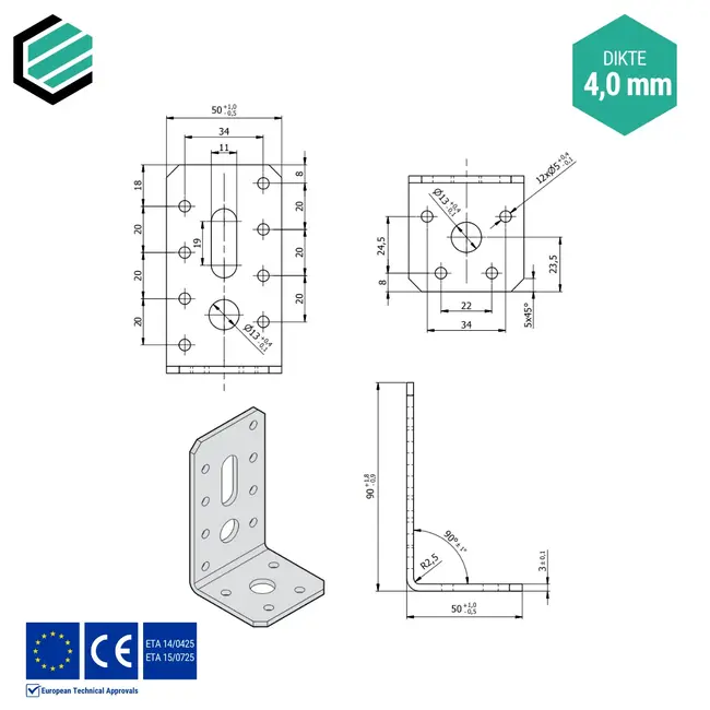 Hoekijzer verstelbaar 90x50x50 mm (3,0 mm) verzinkt (20 stuks)