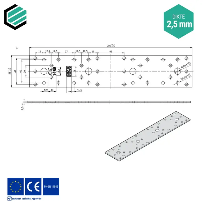 Koppelplaat 55x280 mm (2,5 mm) verzinkt (20 stuks)