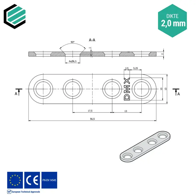 Koppelplaat 13x56,5 mm (2,0 mm) verzinkt (25 stuks)