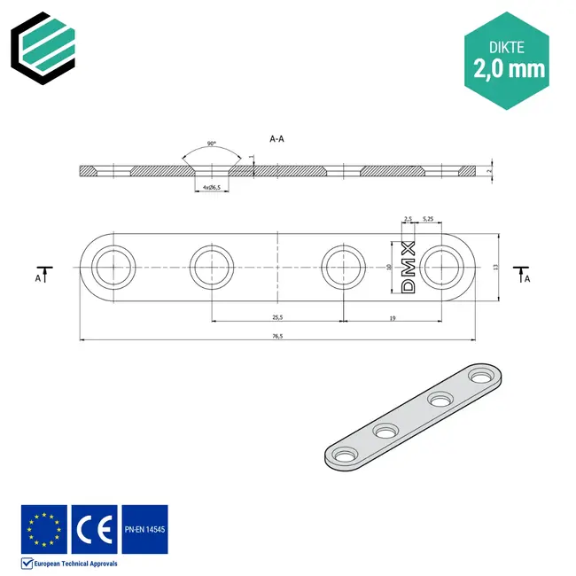 Koppelplaat 13x76,5 mm (2,0 mm) verzinkt (25 stuks)