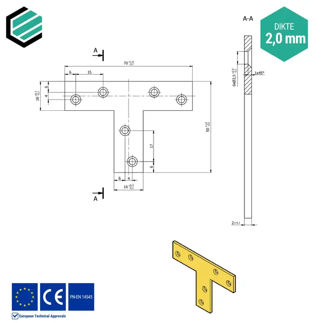T-verbinder 70x50x16 mm (2,0 mm) geel verzinkt (50 stuks)