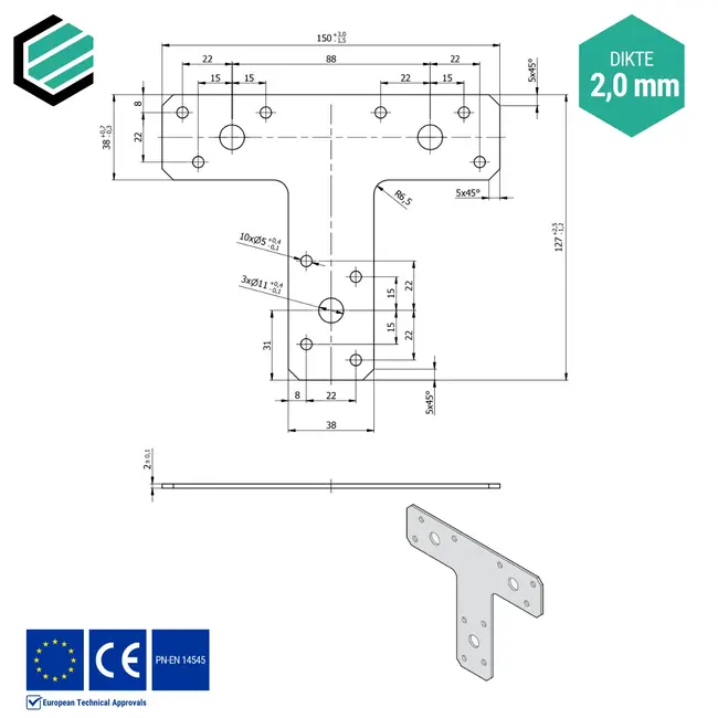 T-verbinder 150x127x38 mm (2,0 mm) verzinkt (20 stuks)