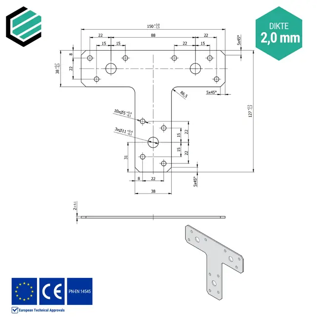 T-verbinder 150x127x38 mm (2,0 mm) verzinkt (10 stuks) zwart