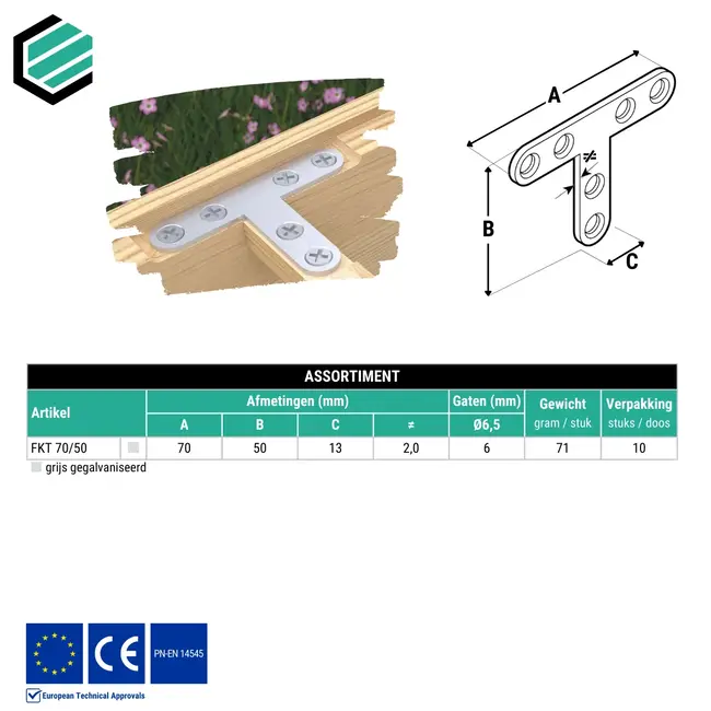 T-verbinder 70x50x13 mm (2,0 mm) verzinkt (10 stuks)