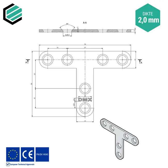 T-verbinder 70x50x13 mm (2,0 mm) verzinkt (10 stuks)