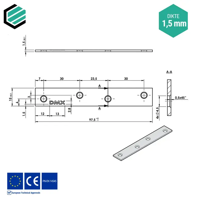 Koppelplaat 15x98 mm (1,5 mm) verzinkt (50 stuks)