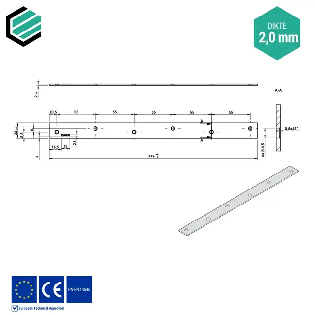 Koppelplaat 22x296 mm (2,0 mm) verzinkt (20 stuks)